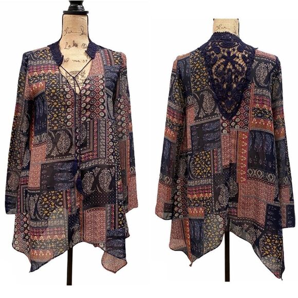 Boho Crochet peasant Shirt Small top - Picture 2 of 9